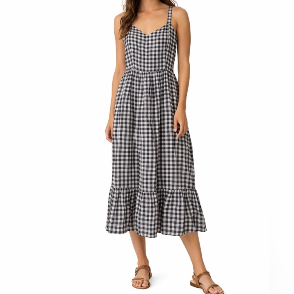 Gingham Linen Rayon Tier Sun Dress 2 Sweetheart Collar Soft Girl Cottagecore